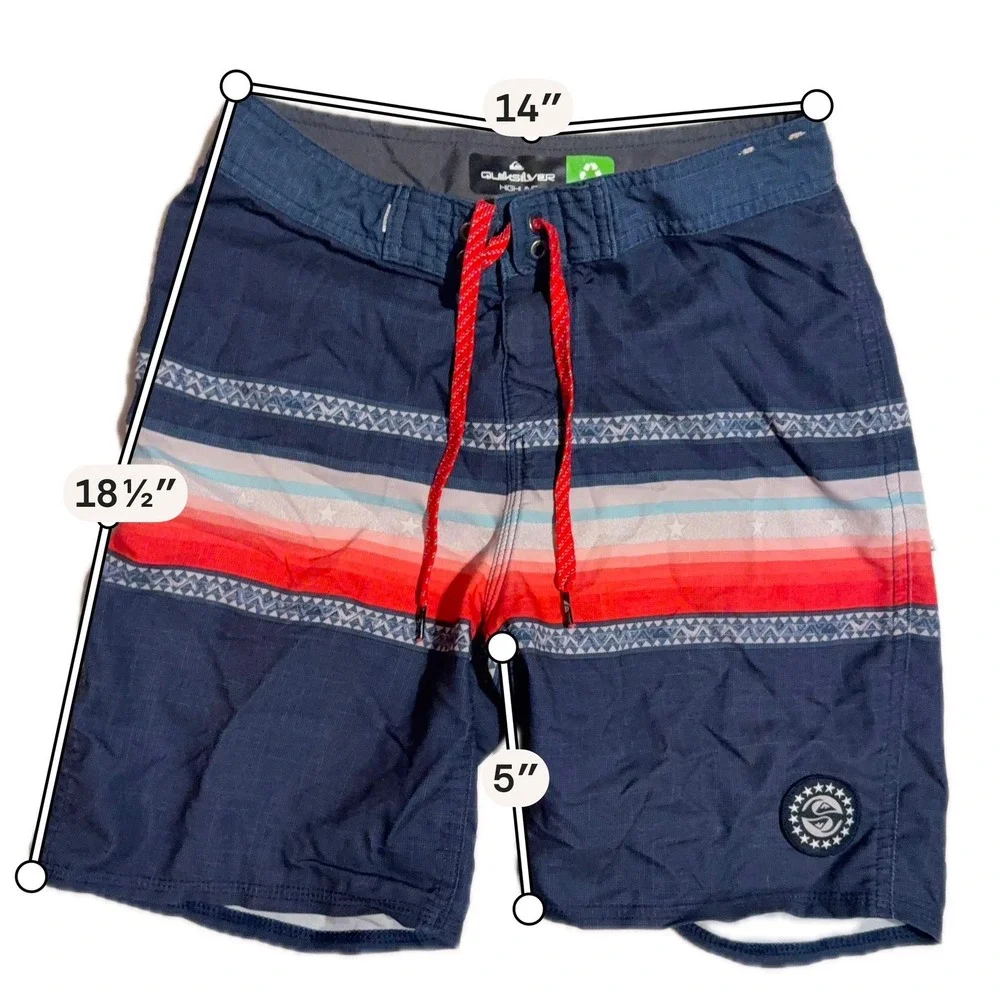 Quiksilver Highline Boys Board Shorts Navy Blue Striped Swim Trunks Size 26